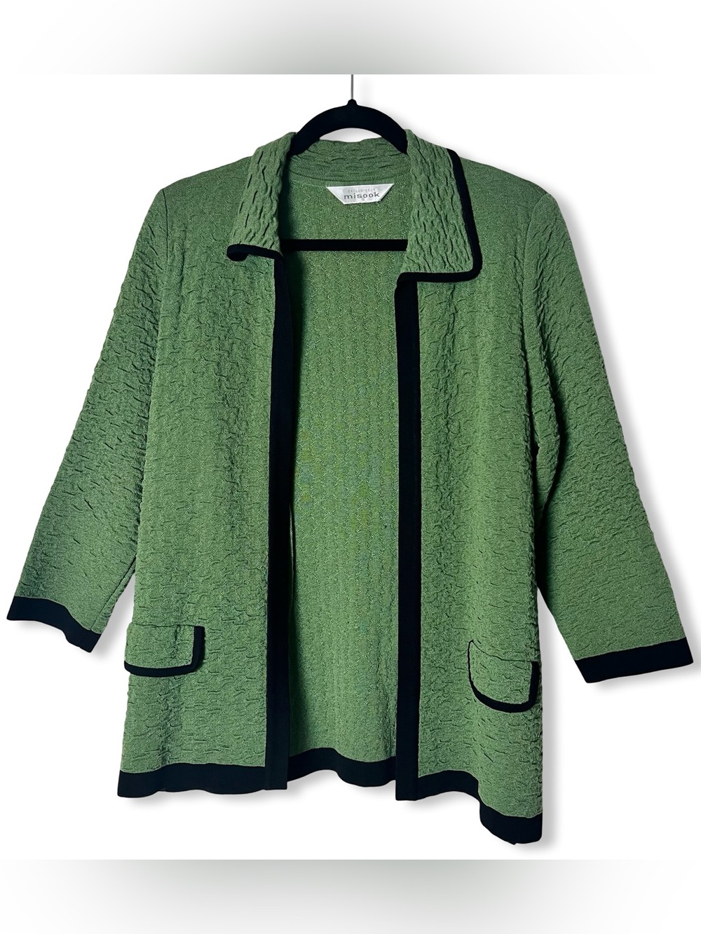 Exclusively Misook Womens Green Textured Knit Open Front Cardigan Jacket Sz. M
